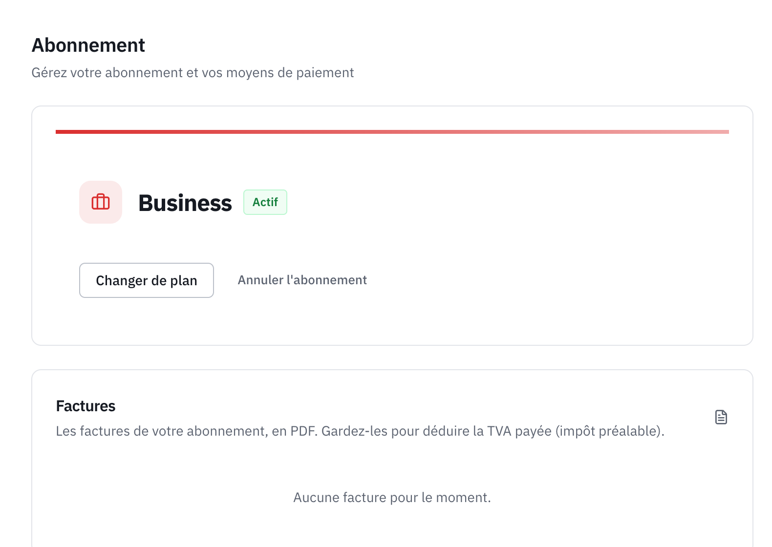 La page Abonnement : le plan actif, les boutons Changer de plan et Annuler l’abonnement, et l’historique des paiements.
