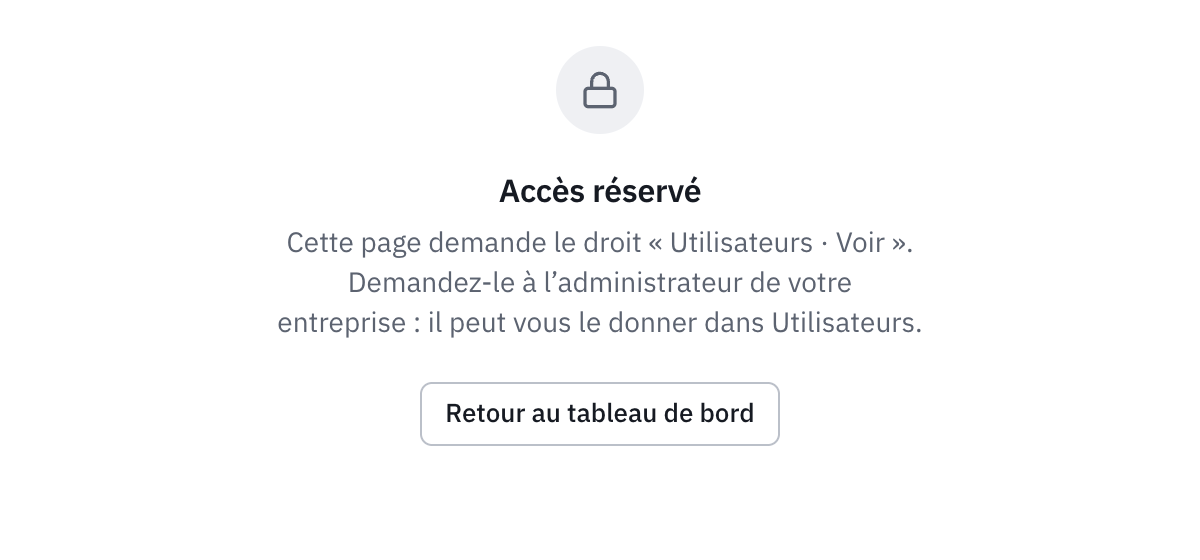 La page Accès réservé : cette page demande le droit Utilisateurs · Voir, à demander à l’administrateur de l’entreprise, et le bouton Retour au tableau de bord.