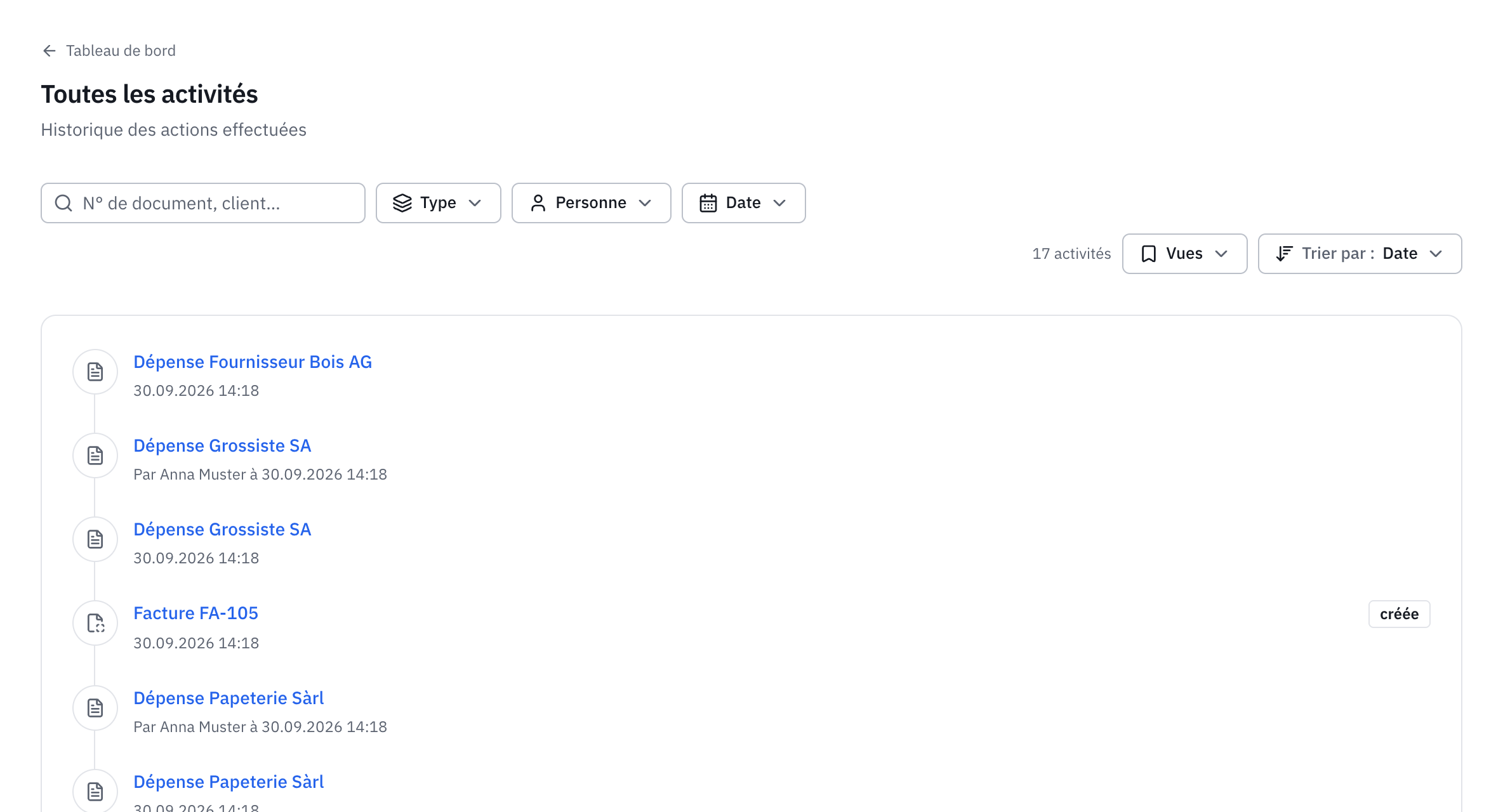 La page Toutes les activités : la liste des actions avec la personne et la date, et les filtres Type, Personne et Date.