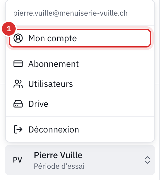 Le menu du compte ouvert en bas à gauche : l’e-mail, Mon compte, Abonnement, Utilisateurs, Drive et Déconnexion.