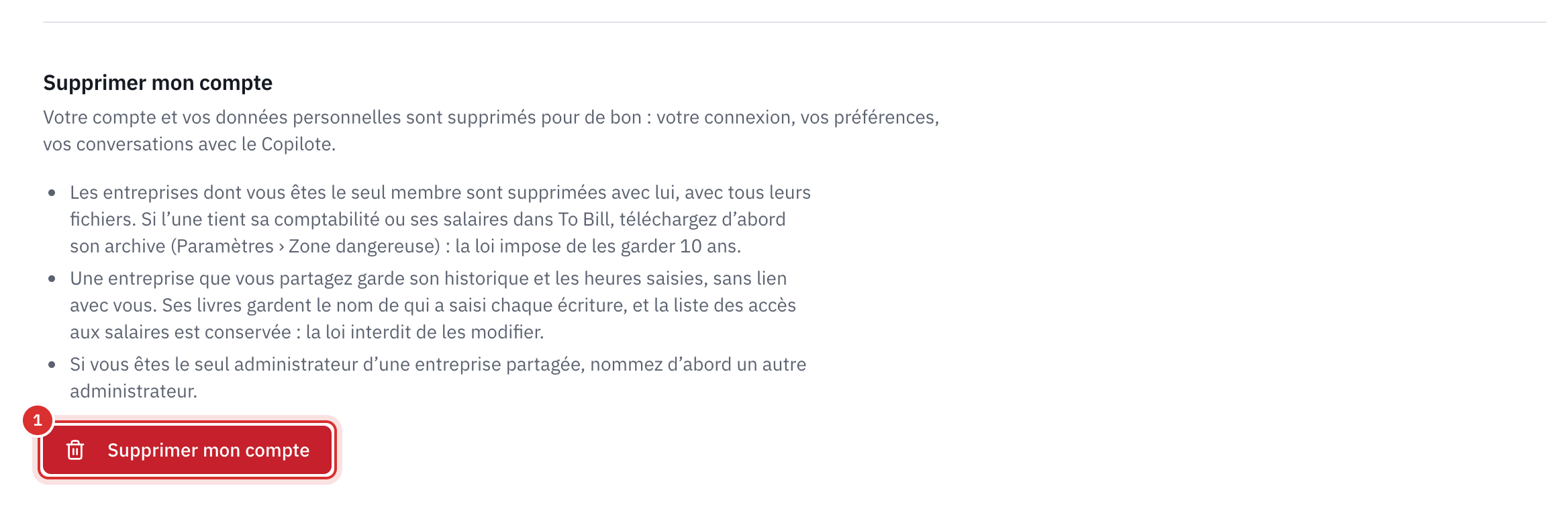La partie Supprimer mon compte : ce qui est supprimé, ce qu’une entreprise partagée garde, la règle du dernier administrateur et le bouton Supprimer mon compte.