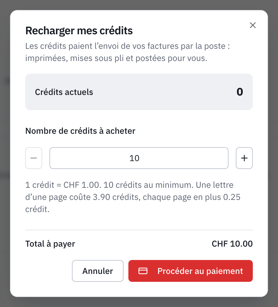 La fenêtre Recharger mes crédits : à quoi servent les crédits (l’envoi des factures par la poste), les crédits actuels, le nombre à acheter, le tarif avec le minimum de 10 crédits et le prix d’une lettre, et le total à payer de CHF 10.00.