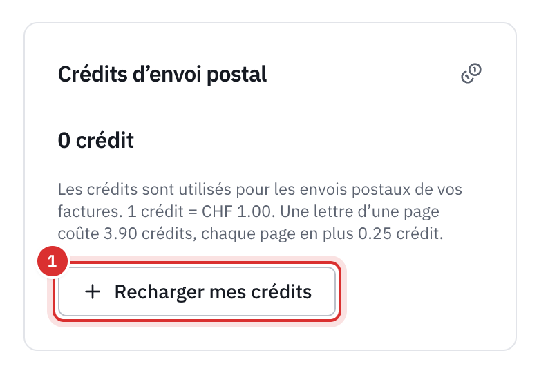 La carte Crédits d’envoi postal de la page Abonnement : le solde, le tarif 1 crédit = CHF 1.00 avec le prix d’une lettre, et le bouton Recharger mes crédits.