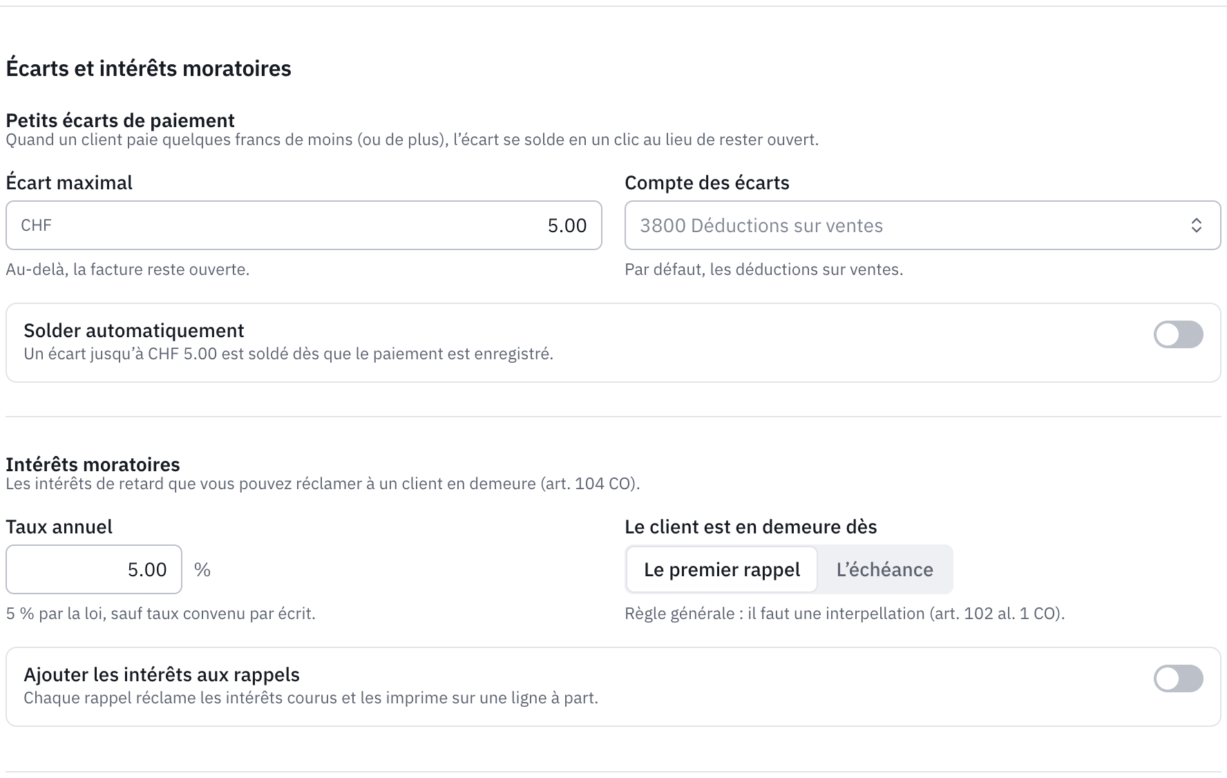 La partie Écarts et intérêts moratoires : l’écart maximal, le compte des écarts, le taux annuel et le début de la demeure.