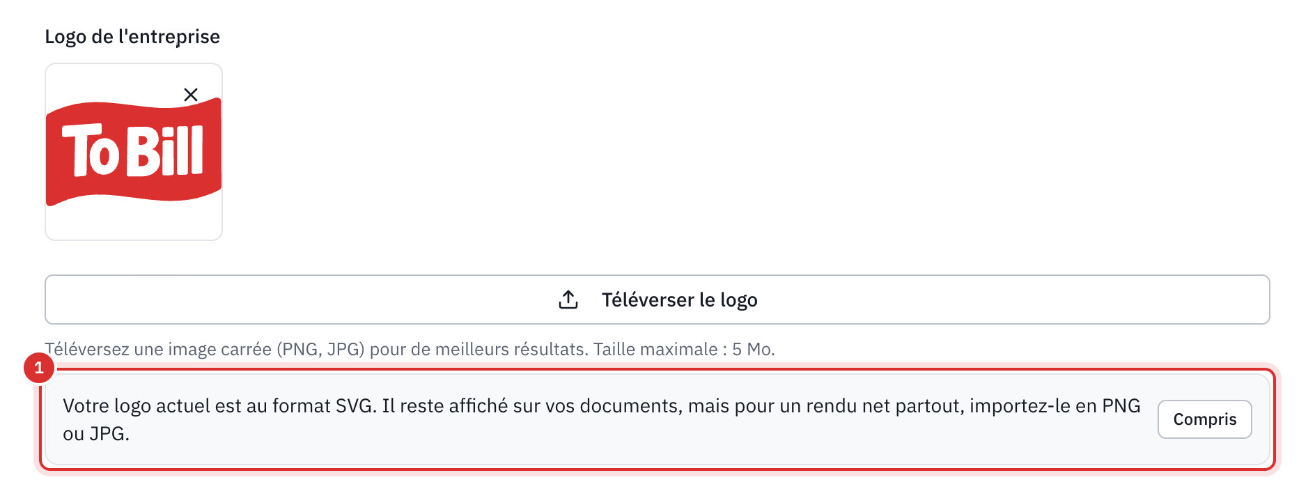 Il logo dell’azienda nelle impostazioni, il pulsante Carica il logo e, sotto, il messaggio Il suo logo attuale è in formato SVG… con il pulsante Capito.