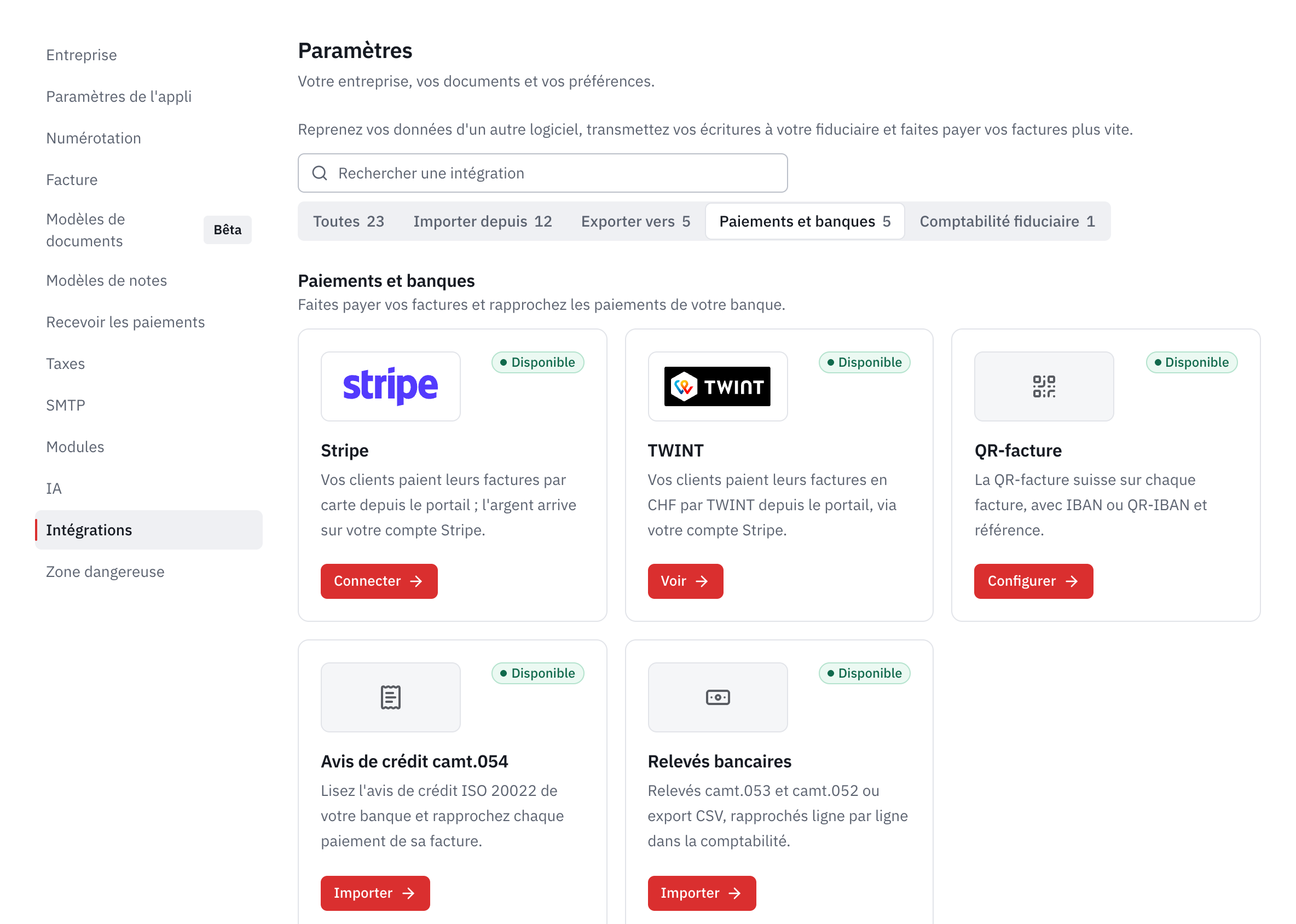 La catégorie Paiements et banques : Stripe, TWINT, QR-facture, avis de crédit camt.054 et relevés bancaires.