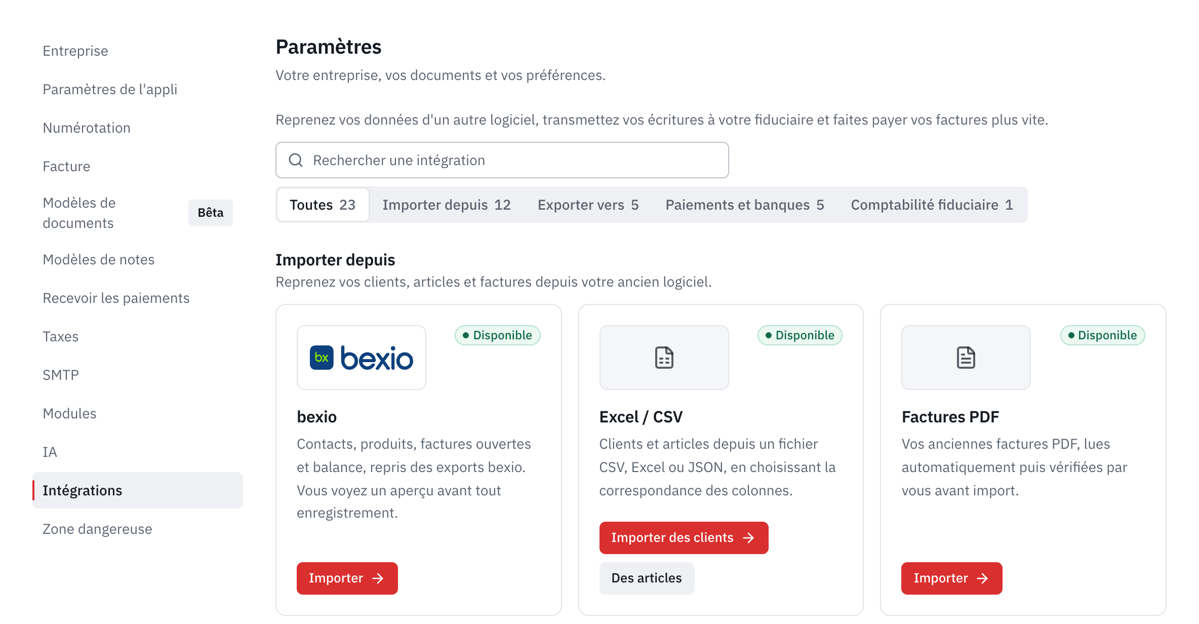 L’onglet Intégrations des paramètres : la recherche, les catégories et les cartes bexio, Excel / CSV et Factures PDF.