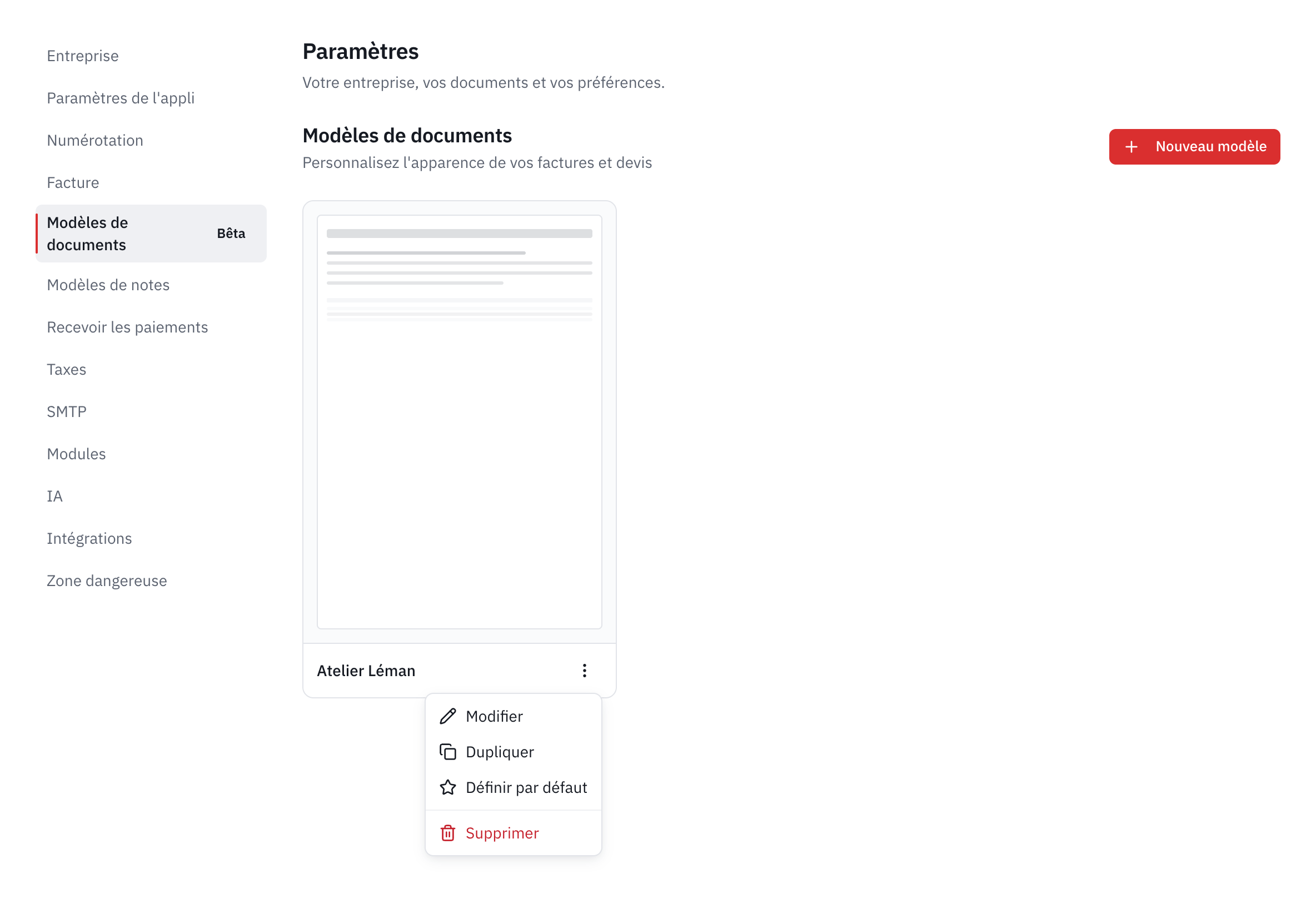 La liste des modèles de documents, avec le menu d’un modèle ouvert : Modifier, Dupliquer, Définir par défaut, Supprimer.