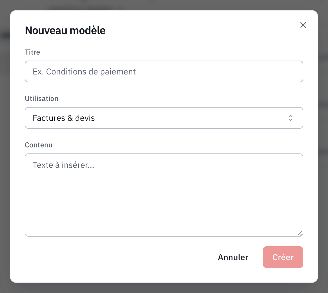 La fenêtre Nouveau modèle : le titre, l’utilisation et le contenu de la note.