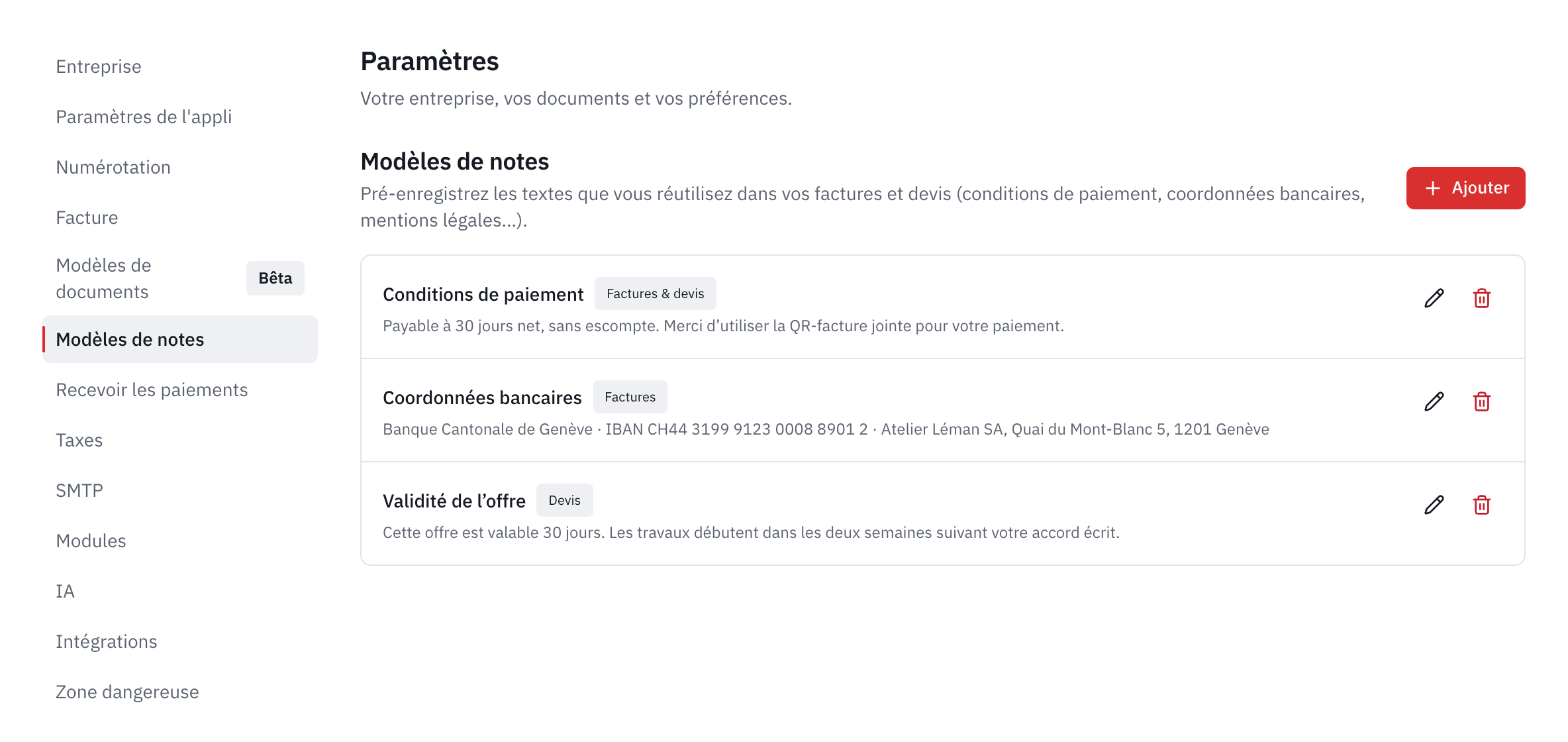 La liste des modèles de notes : conditions de paiement, coordonnées bancaires et validité de l’offre, avec leur usage.