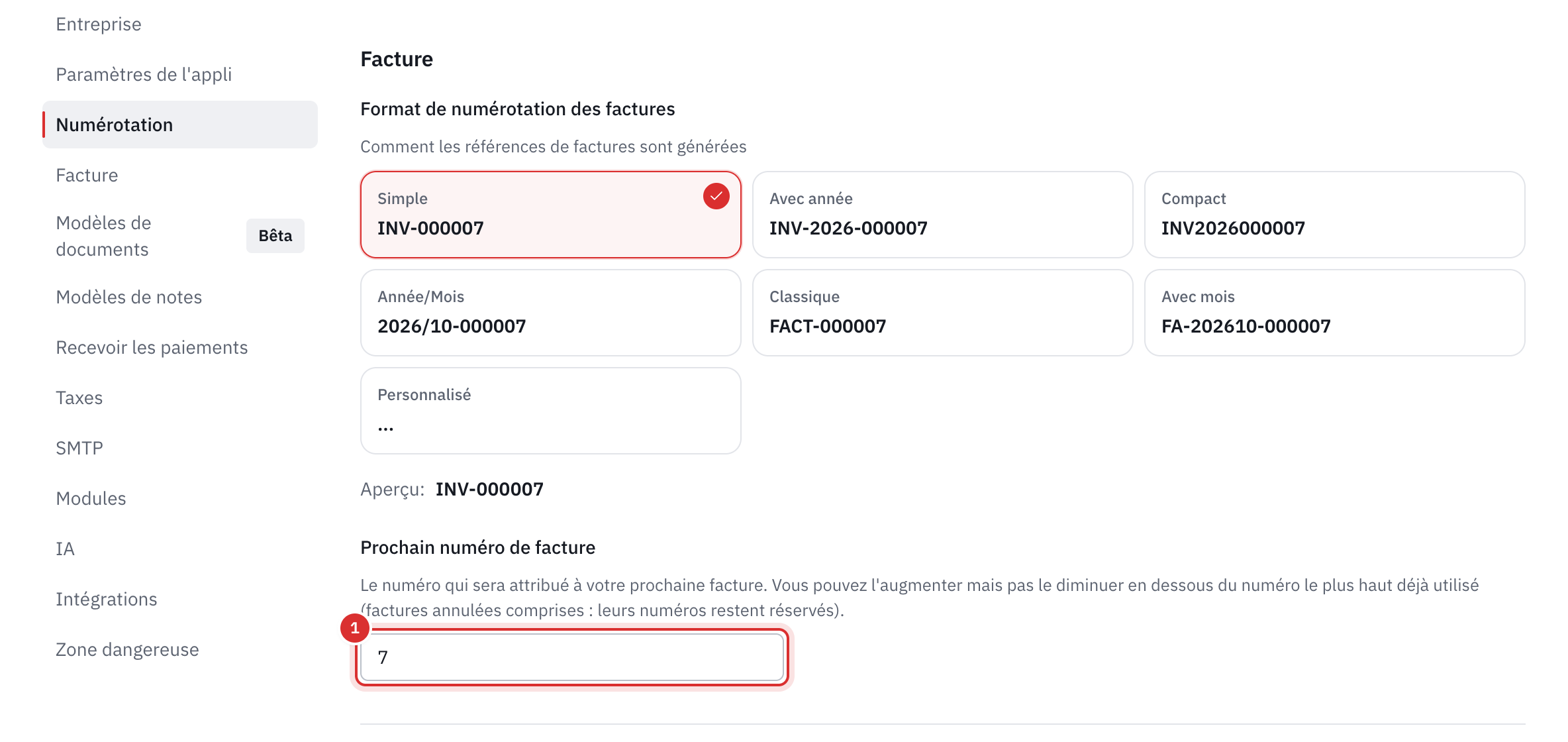 La partie Facture : les formats de numérotation des factures et le champ Prochain numéro de facture.