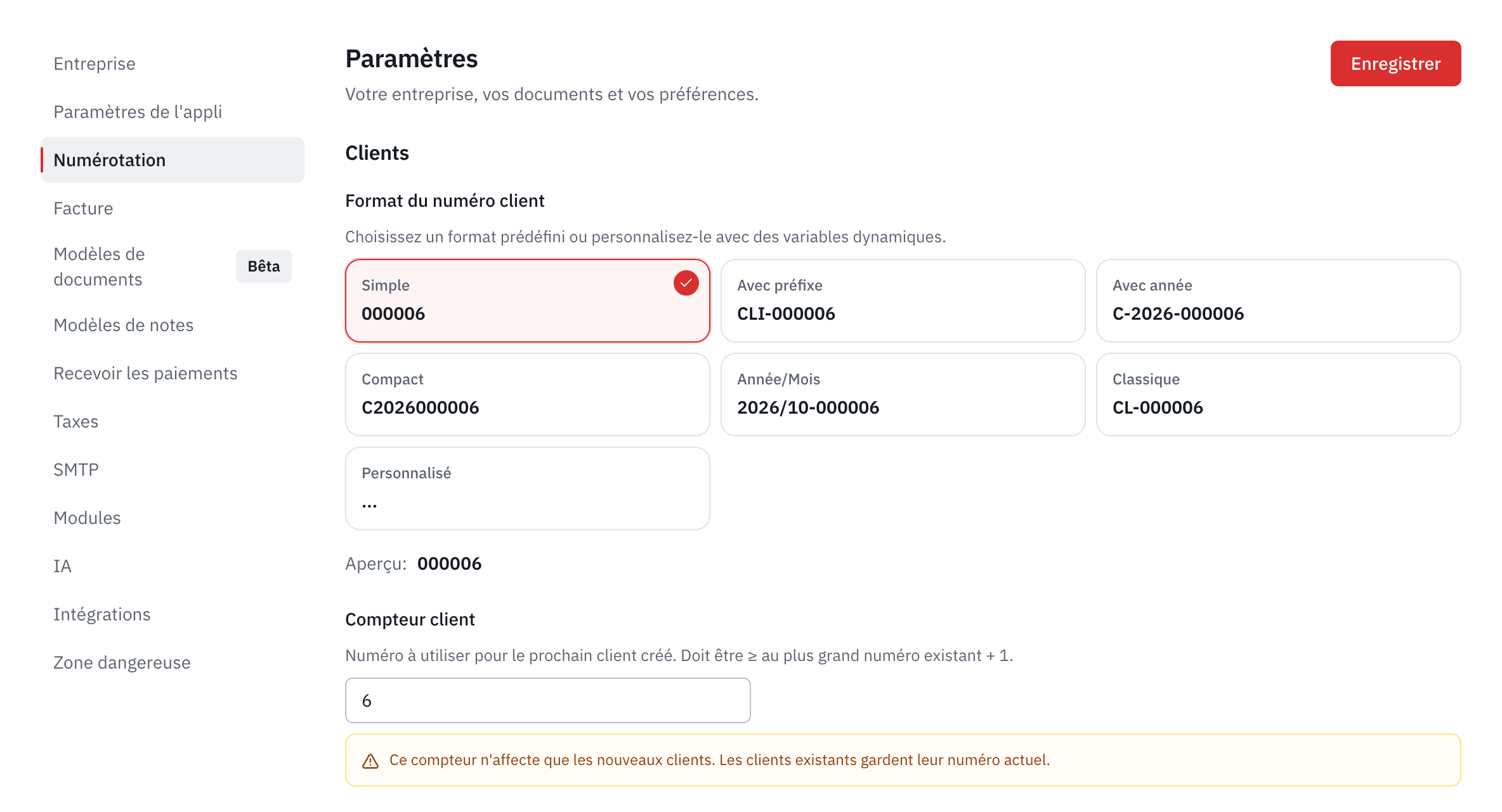 La partie Clients de la numérotation : les formats proposés, l’aperçu et le compteur client.