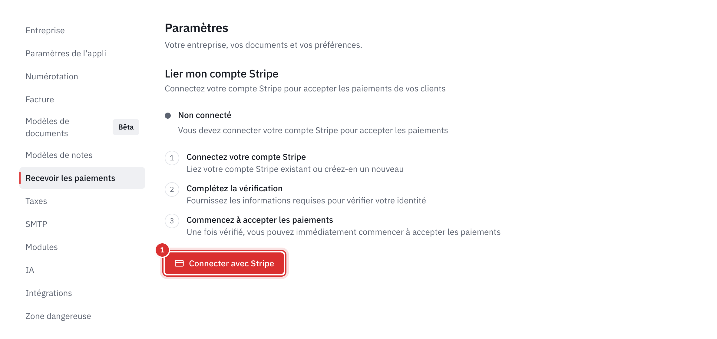 L’onglet Recevoir les paiements : l’encadré Non connecté, les trois étapes et le bouton Connecter avec Stripe.