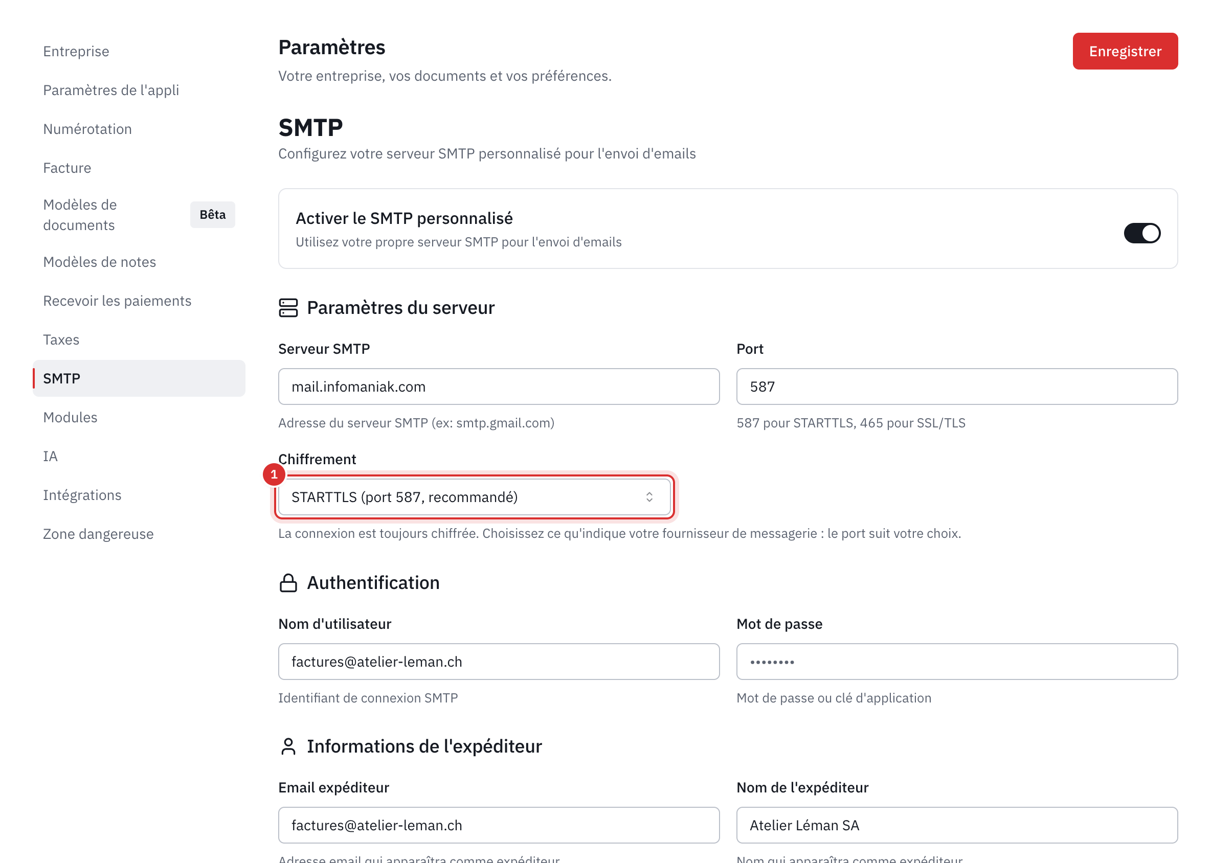 L’onglet SMTP : le serveur, le port, le chiffrement, l’authentification et l’expéditeur.