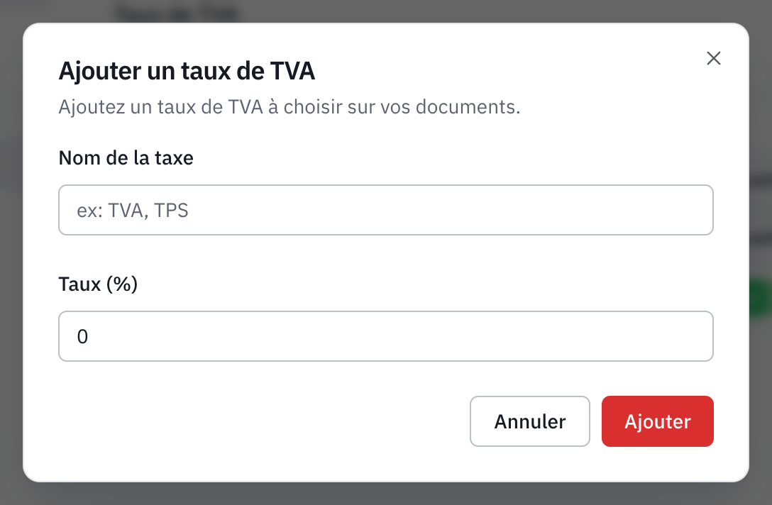 La fenêtre Ajouter un taux de TVA : le nom de la taxe et le taux en pour cent.