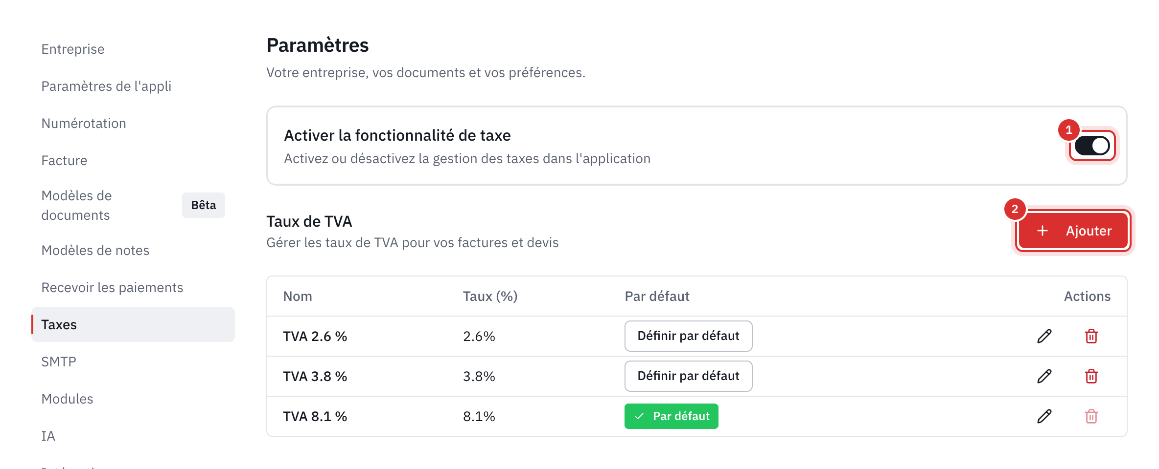 L’onglet Taxes : l’interrupteur Activer la fonctionnalité de taxe et la liste des taux de TVA, avec le taux par défaut.