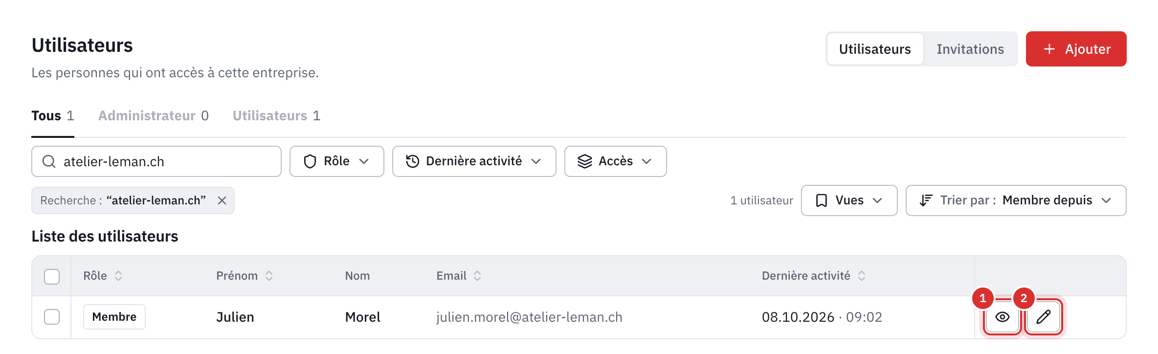 La liste des utilisateurs : le rôle, le prénom, le nom, l’e-mail et la dernière activité de chacun, avec les boutons Détails et Modifier.