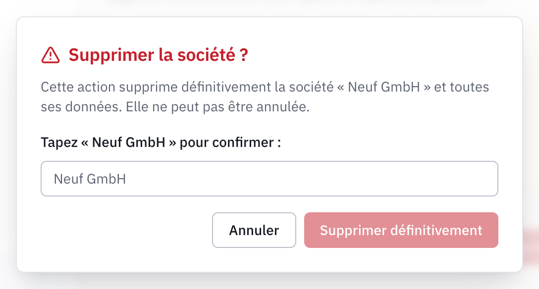 La fenêtre Supprimer la société ? : le nom de l’entreprise à taper et le bouton Supprimer définitivement.