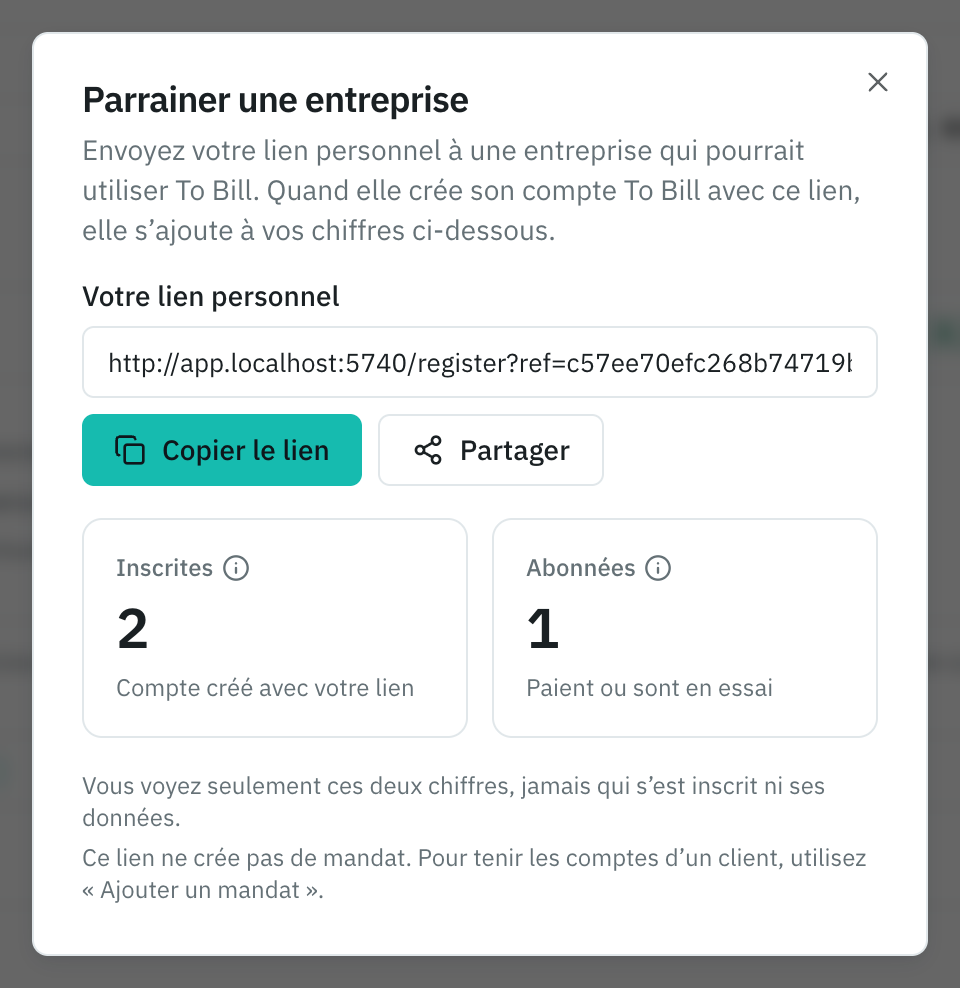 La fenêtre Parrainer une entreprise du cockpit : le lien personnel, Copier le lien et Partager, les compteurs Inscrites et Abonnées, et la phrase Ce lien ne crée pas de mandat.