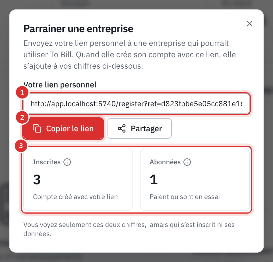 La fenêtre Parrainer une entreprise : le lien personnel, les boutons Copier le lien et Partager, puis les compteurs Inscrites et Abonnées.