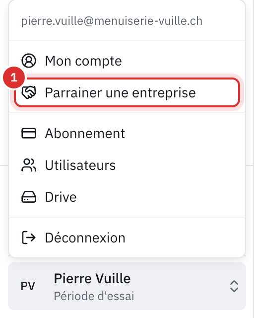 Le menu du compte ouvert en bas à gauche, avec l’entrée Parrainer une entreprise sous Mon compte.