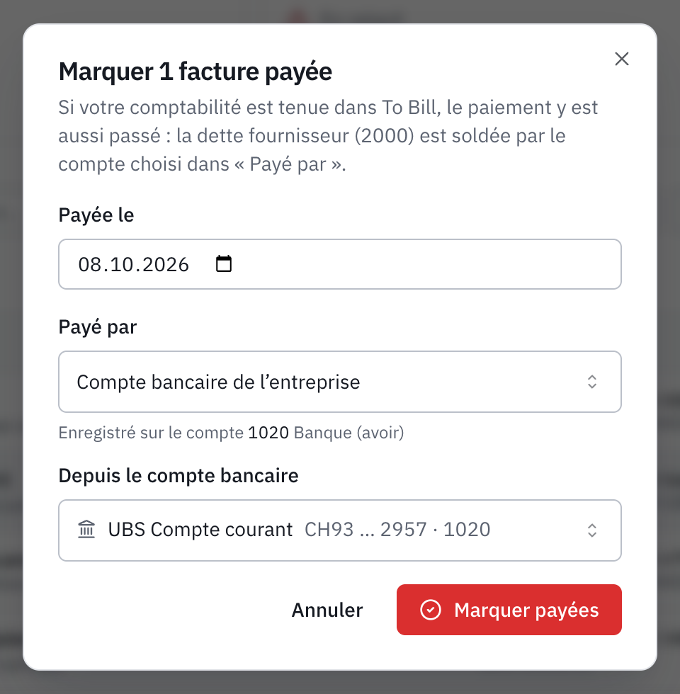 La fenêtre Marquer 1 facture payée : la date de paiement, Payé par Compte bancaire de l’entreprise, enregistré sur le compte 1020, et le compte bancaire UBS Compte courant.