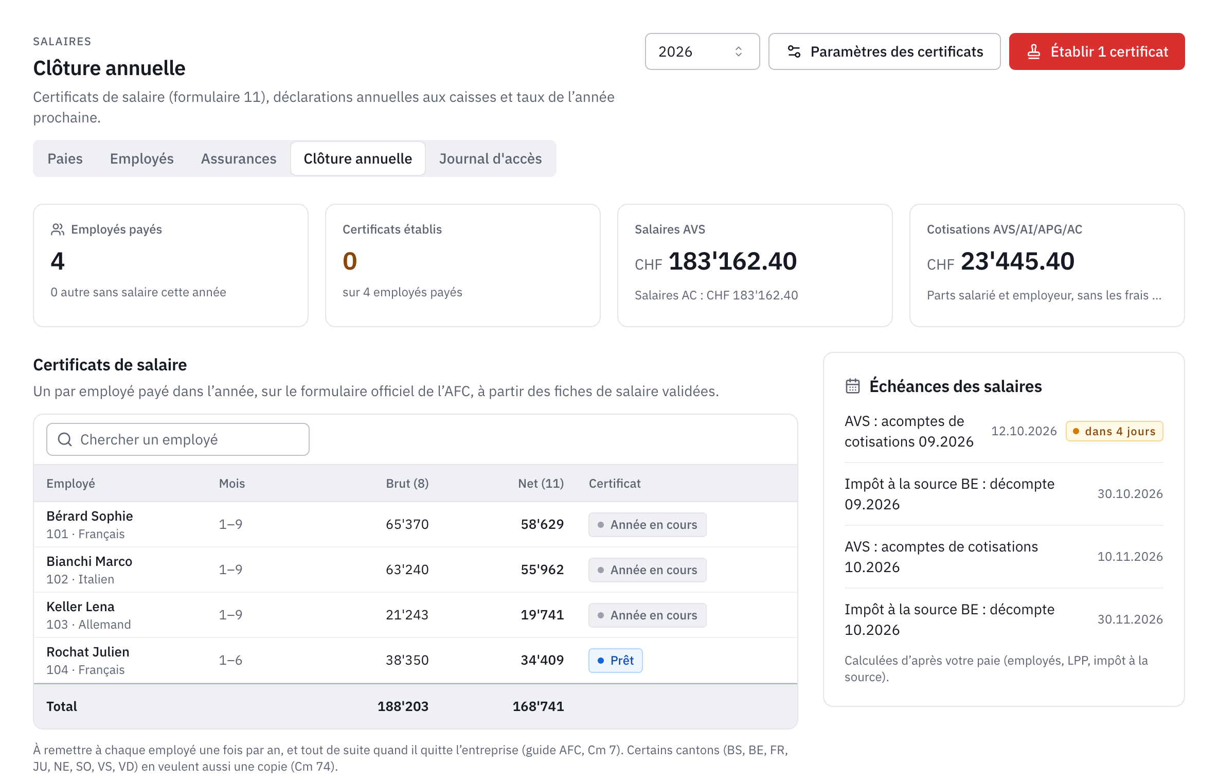 La clôture annuelle 2026 : les chiffres de l’année, la liste des certificats avec leur état, et les échéances des salaires.