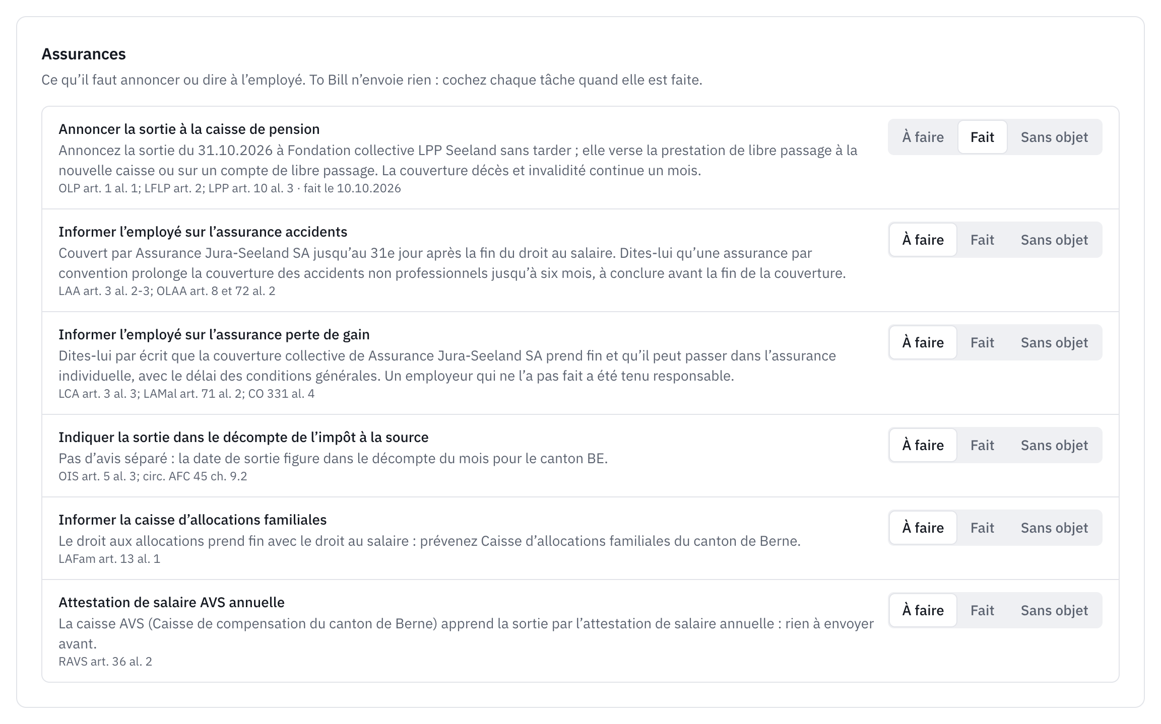 Les assurances du départ : six tâches, de l’annonce à la caisse de pension, marquée Fait, à l’attestation de salaire AVS annuelle, chacune avec À faire, Fait et Sans objet.