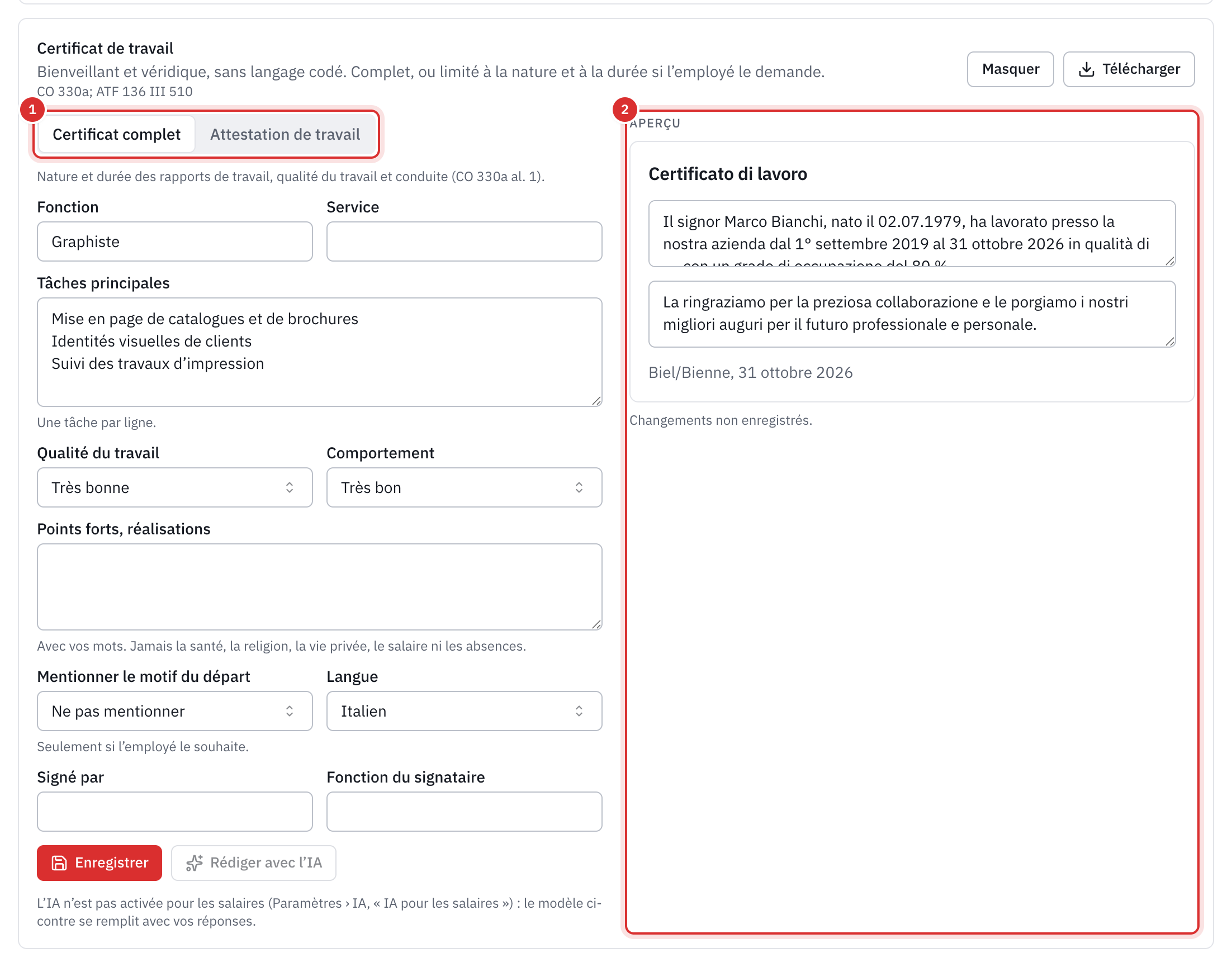 Le certificat de travail en cours de rédaction : le genre Certificat complet, la fonction, les tâches, la qualité du travail et le comportement, avec l’aperçu du certificat en italien à côté.