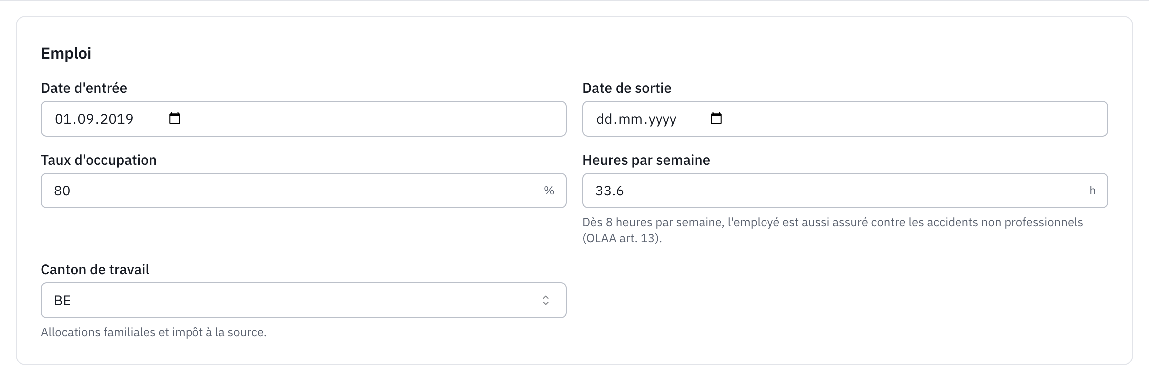 La section Emploi : date d’entrée, date de sortie, taux d’occupation, heures par semaine et canton de travail.