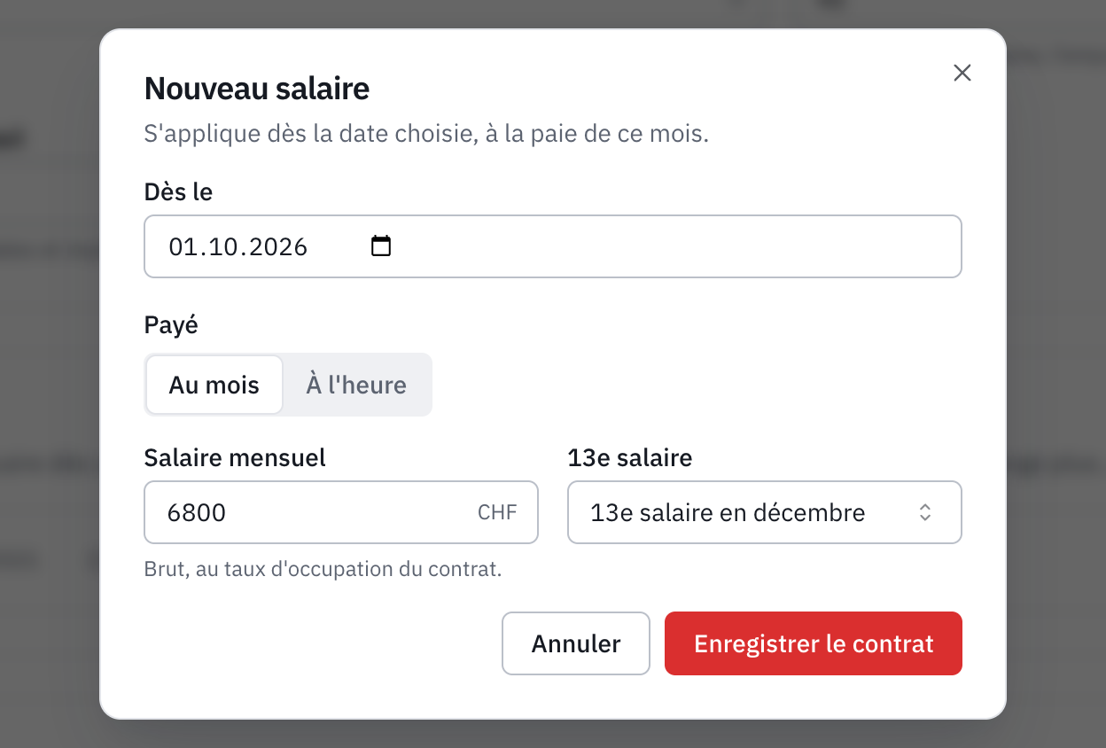 La fenêtre Nouveau salaire : la date d’effet, le salaire mensuel et le 13e salaire.
