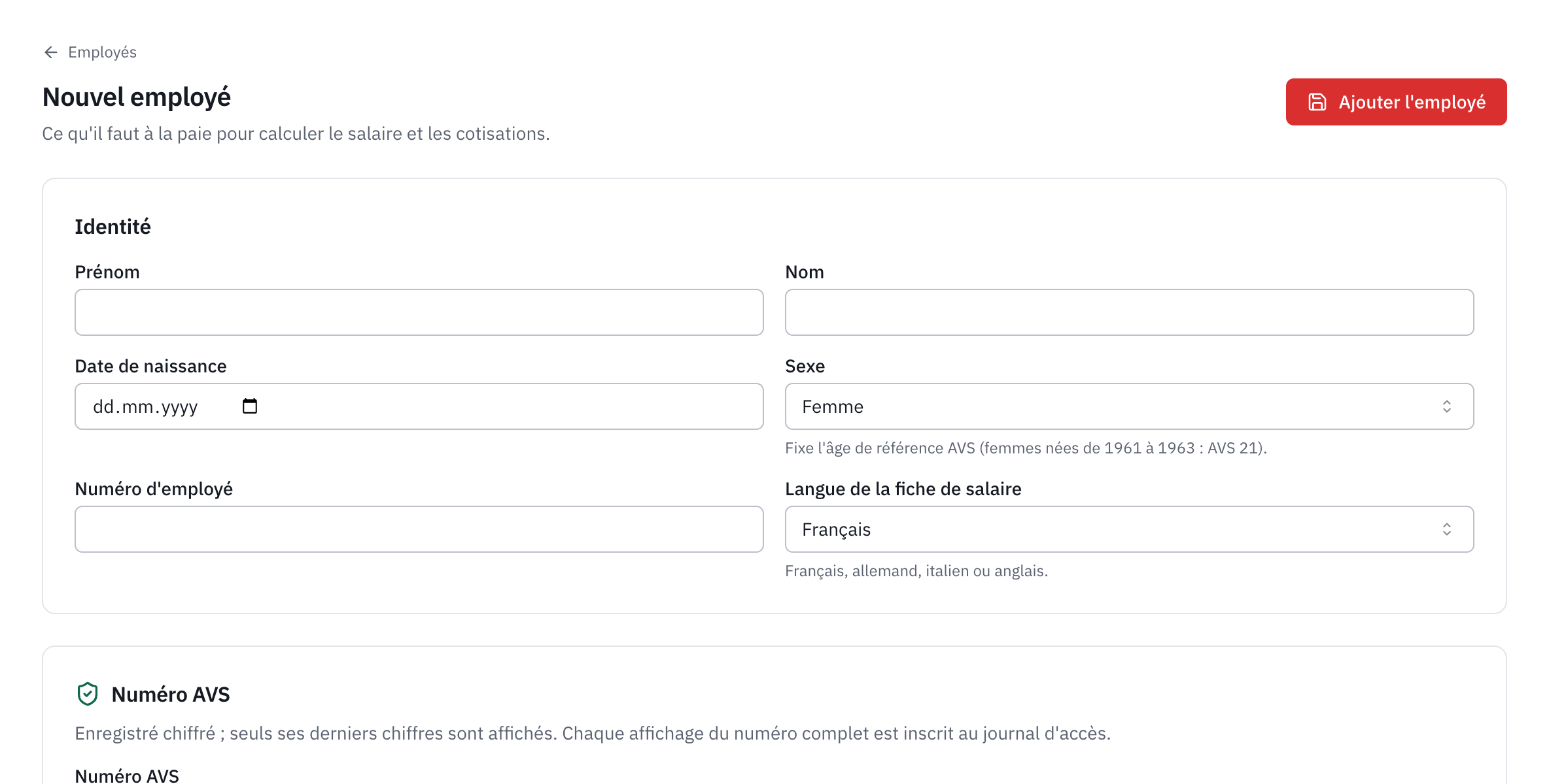 Le formulaire Nouvel employé : les sections Identité et Numéro AVS.