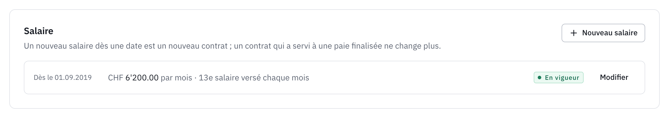 La section Salaire d’un employé : le contrat en vigueur et le bouton Nouveau salaire.