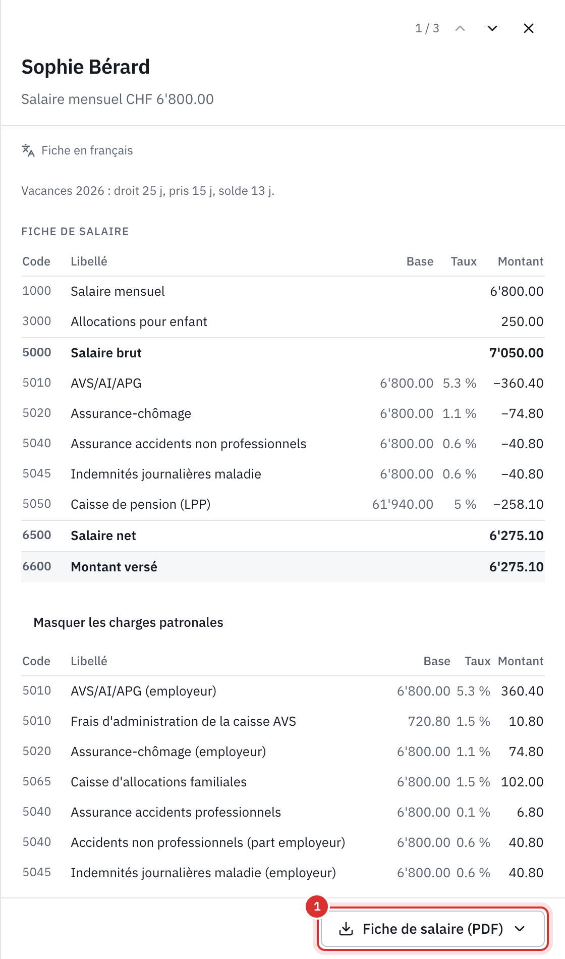 La fiche de salaire d’une employée dans la paie : les lignes de salaire, les retenues, le net et les charges patronales.
