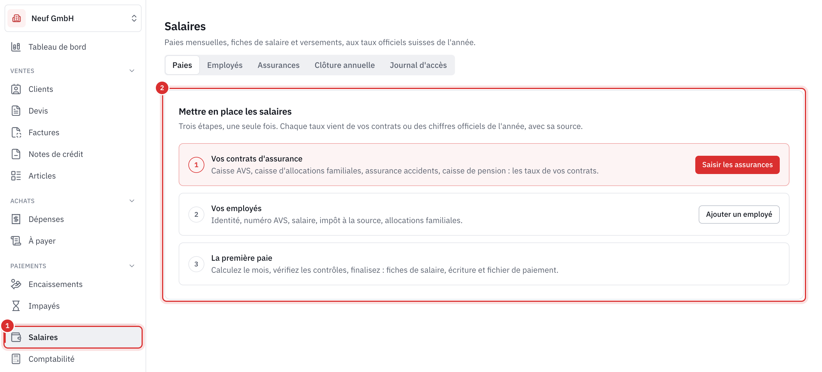 La page Salaires d’une entreprise qui vient d’activer le module : le menu Salaires et les trois étapes de mise en place.