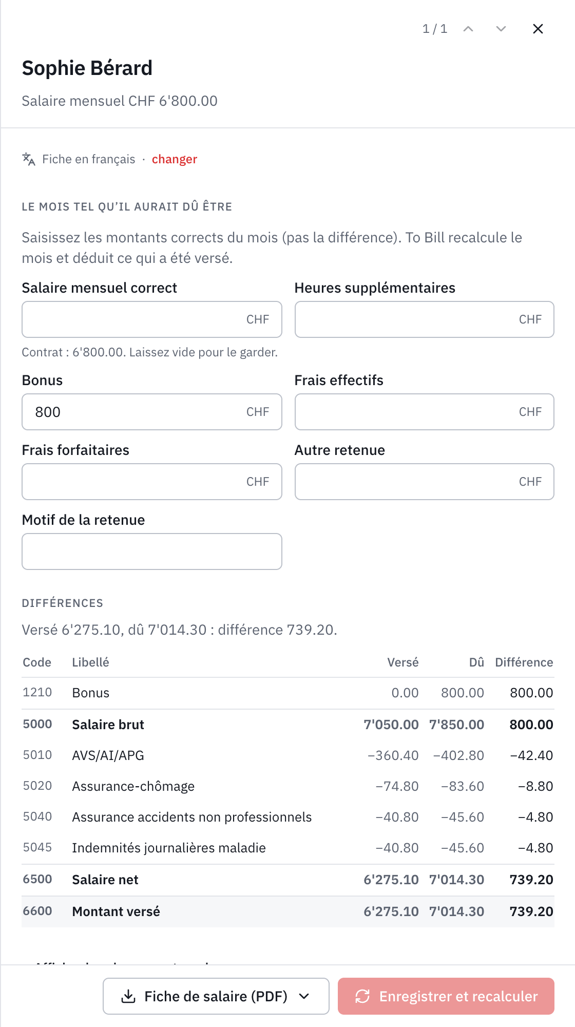 La fiche de correction d’une employée : le bonus correct saisi, puis les différences ligne par ligne, versé, dû et différence, avec le montant à verser en plus.