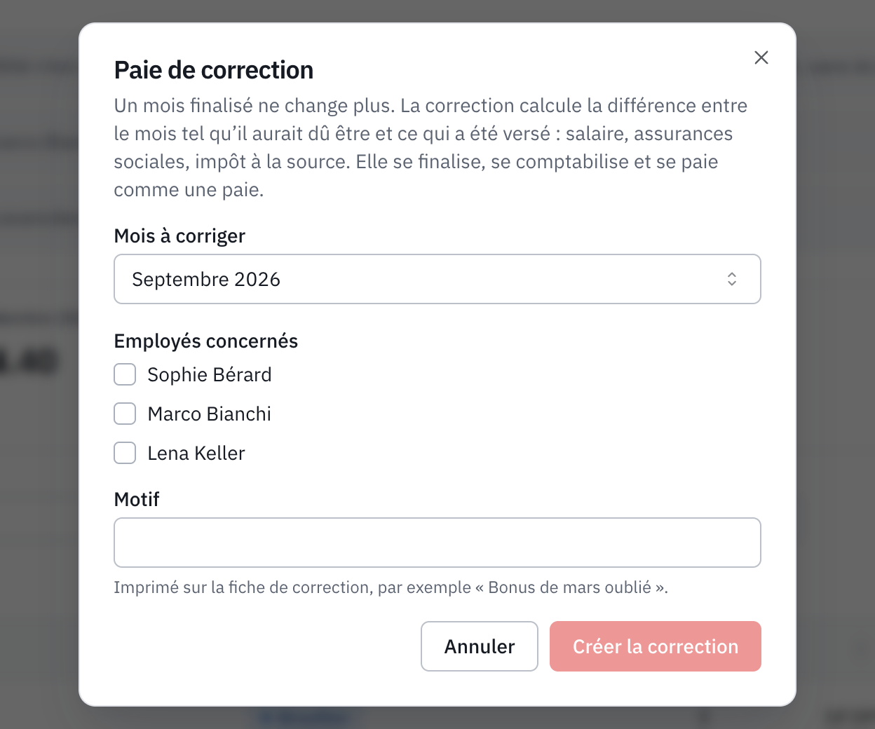 La fenêtre Paie de correction : le mois à corriger, les employés concernés et le motif.