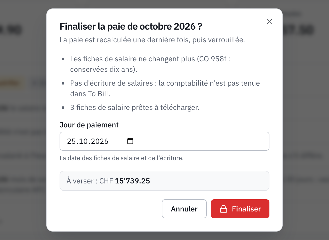 La fenêtre Finaliser la paie : ce qui va se passer, le jour de paiement et le montant à verser.