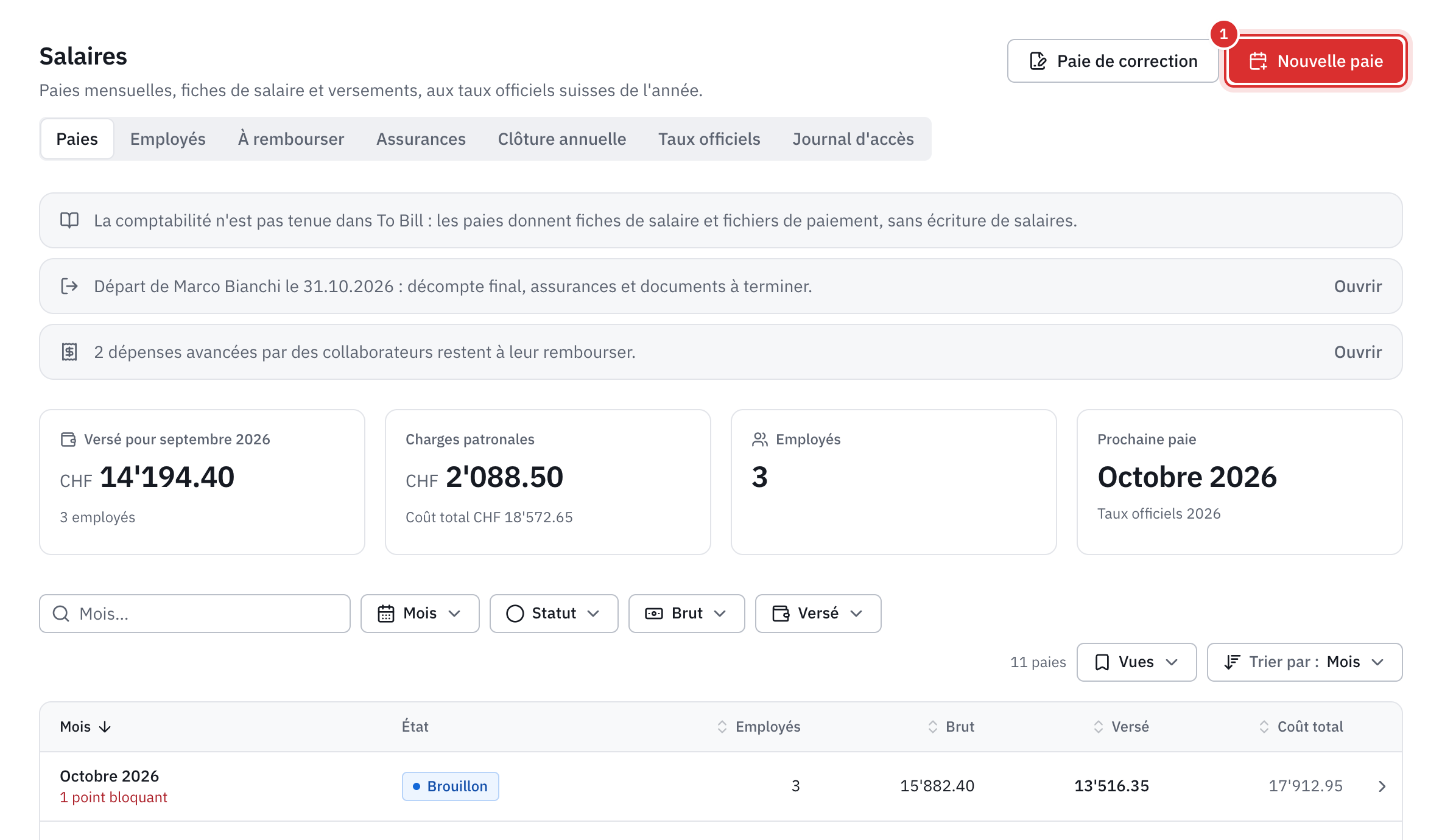La page Salaires : les chiffres du dernier mois payé, la prochaine paie et la liste des paies, avec le bouton Nouvelle paie.