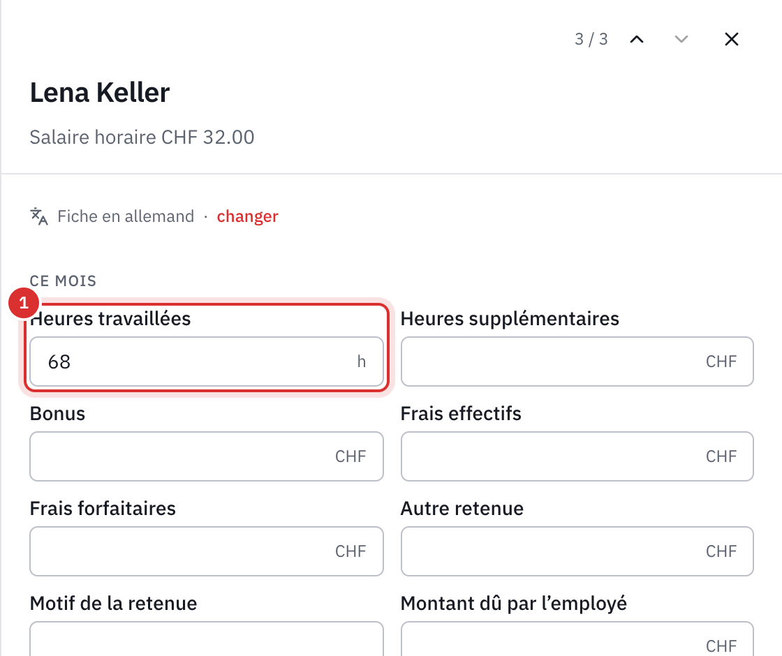 La fiche d’une employée payée à l’heure : les saisies du mois, avec 68 heures travaillées, ses contrôles et sa fiche de salaire.