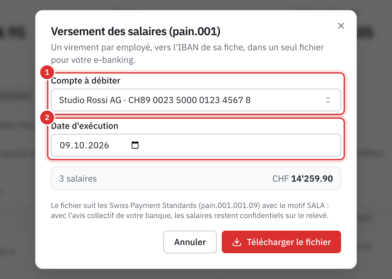 La fenêtre Versement des salaires : le compte à débiter, la date d’exécution, le nombre de salaires et le total.