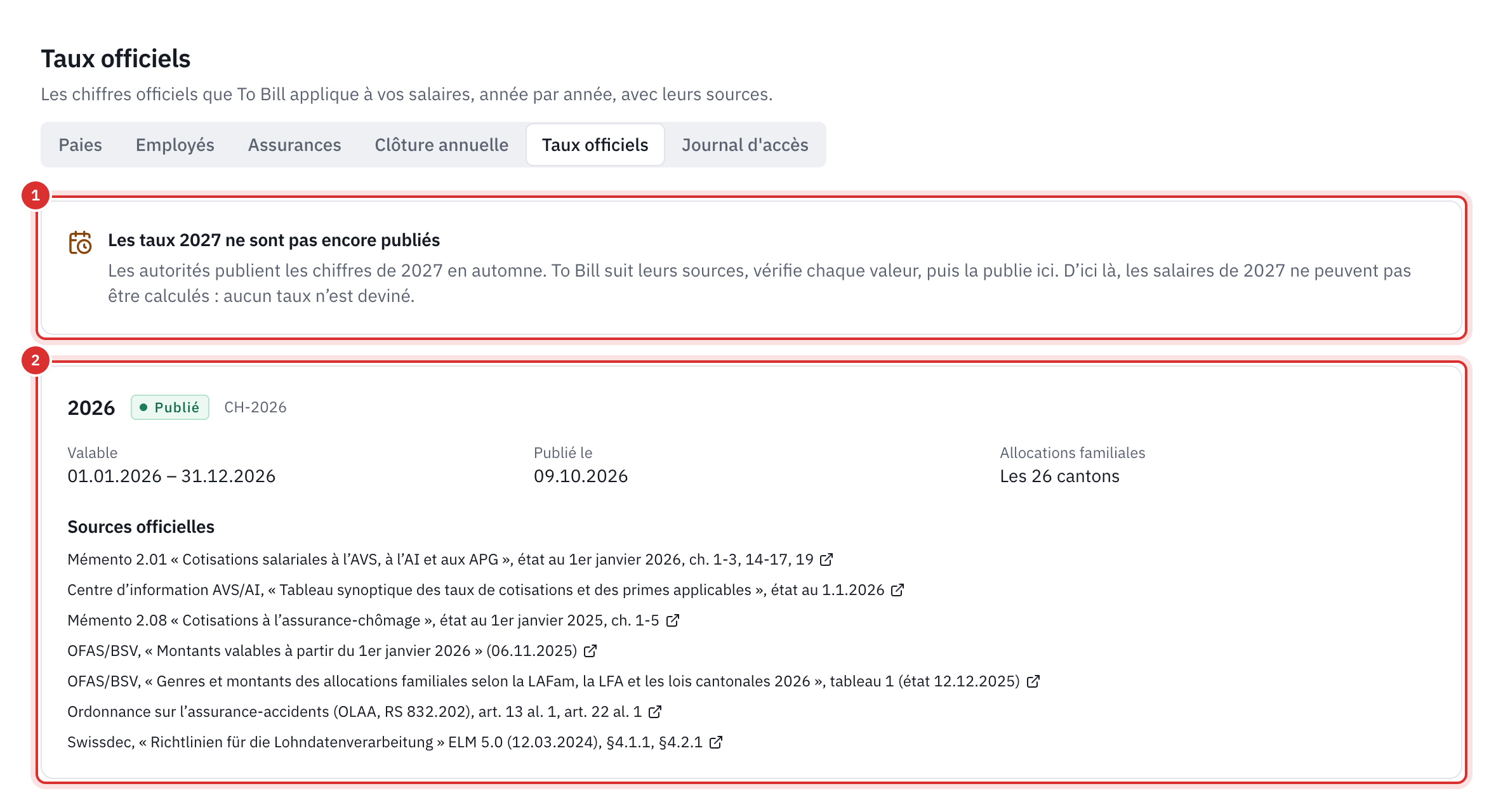 La page Taux officiels : l’encadré des taux 2027 pas encore publiés (1), puis l’année 2026 publiée avec sa période, sa date de publication, les 26 cantons et ses sources officielles (2).