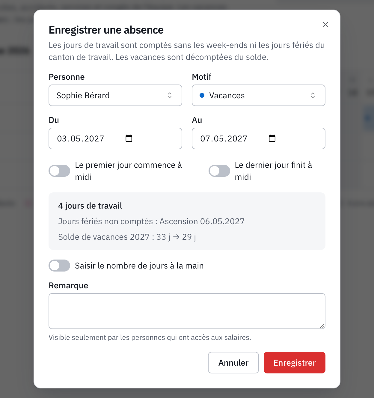 Une nouvelle absence de Sophie Bérard, des vacances du lundi au vendredi de la semaine de l’Ascension : 4 jours de travail, l’Ascension non comptée, et le solde de vacances avant et après.
