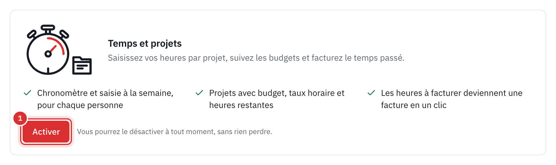La carte Temps et projets dans Paramètres, Modules, avec le bouton Activer.