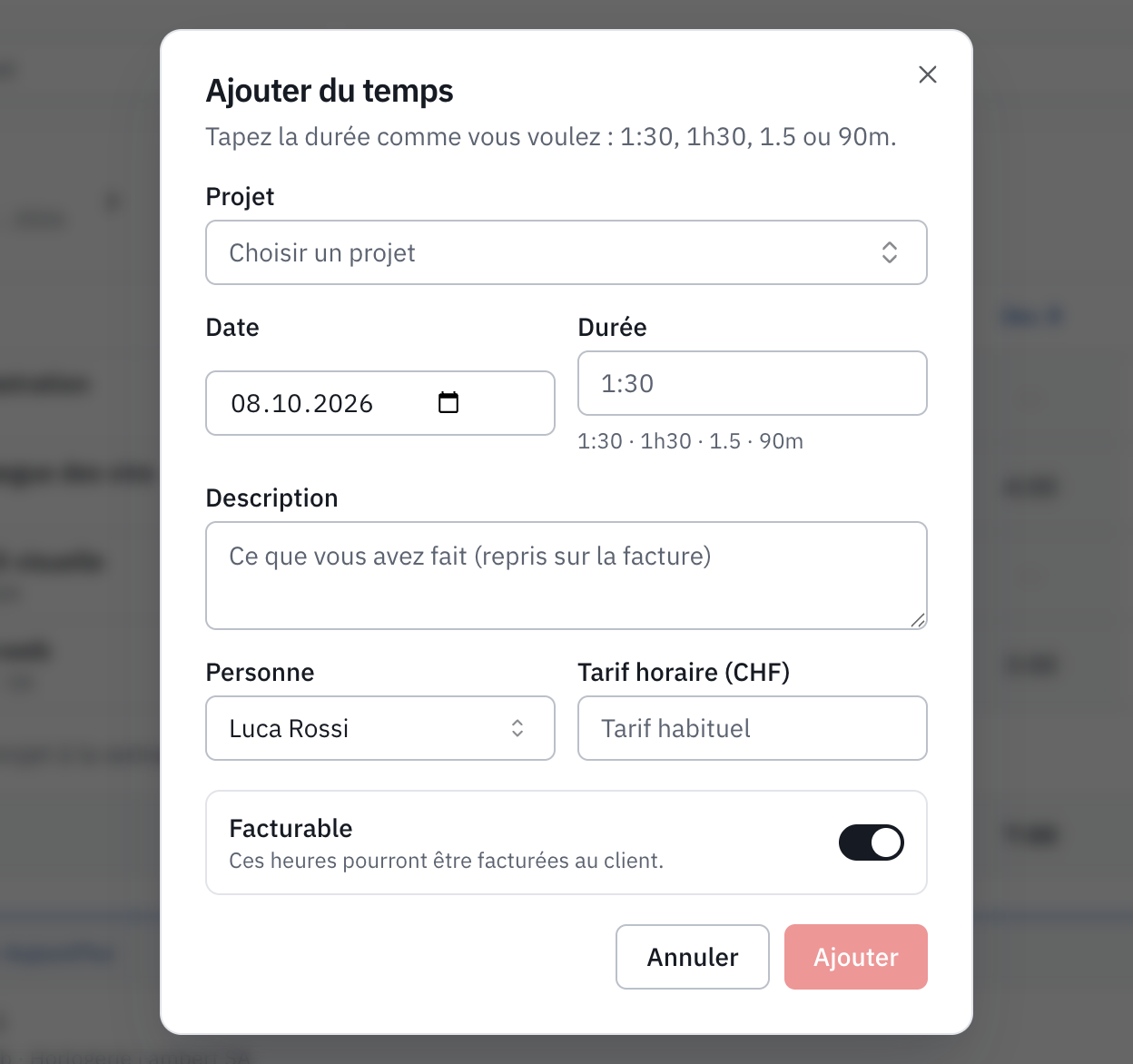 La fenêtre Ajouter du temps : projet, date, durée, description, personne, tarif horaire et facturable.