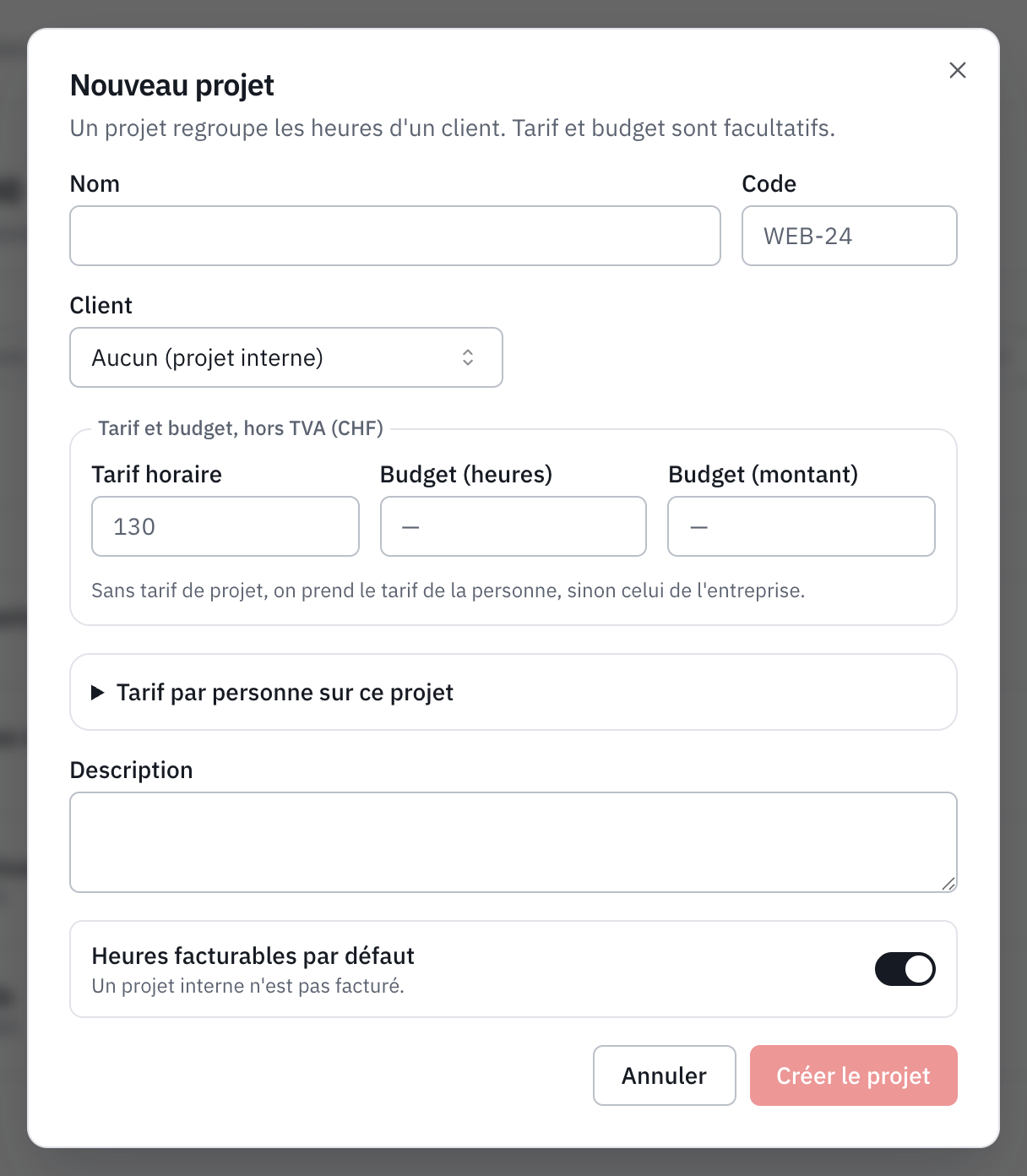 La fenêtre Nouveau projet : nom, code, client, tarif et budget, tarif par personne, description et heures facturables par défaut.