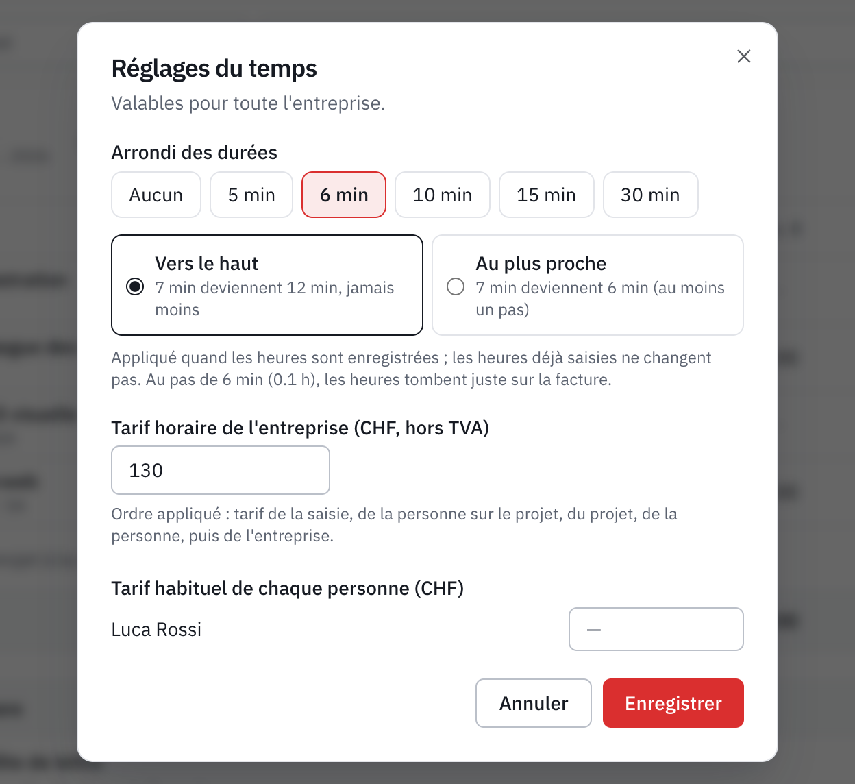 La fenêtre Réglages du temps : l’arrondi des durées, le sens de l’arrondi, le tarif horaire de l’entreprise et le tarif de chaque personne.