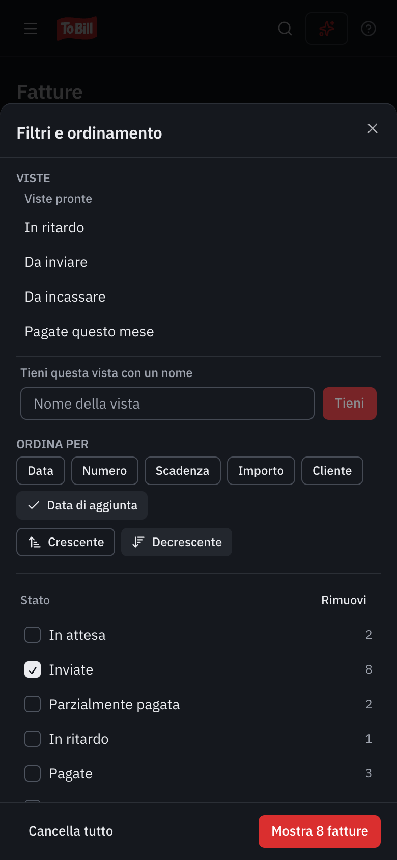 Il pannello Filtri e ordinamento su un telefono: le viste, l’ordinamento e il filtro Stato, con il pulsante Mostra 7 fatture.