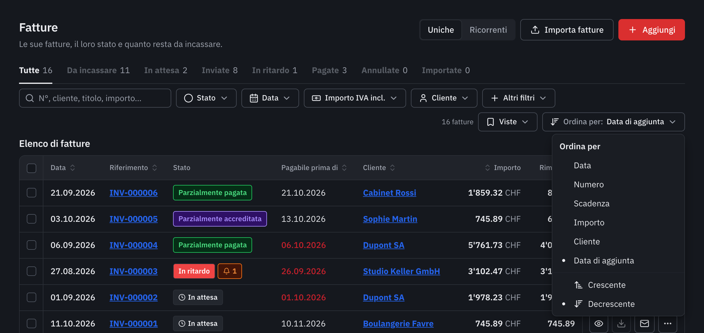 Il menu Ordina per aperto: Data, Numero, Scadenza, Importo, Cliente, Data di aggiunta, poi Crescente e Decrescente.