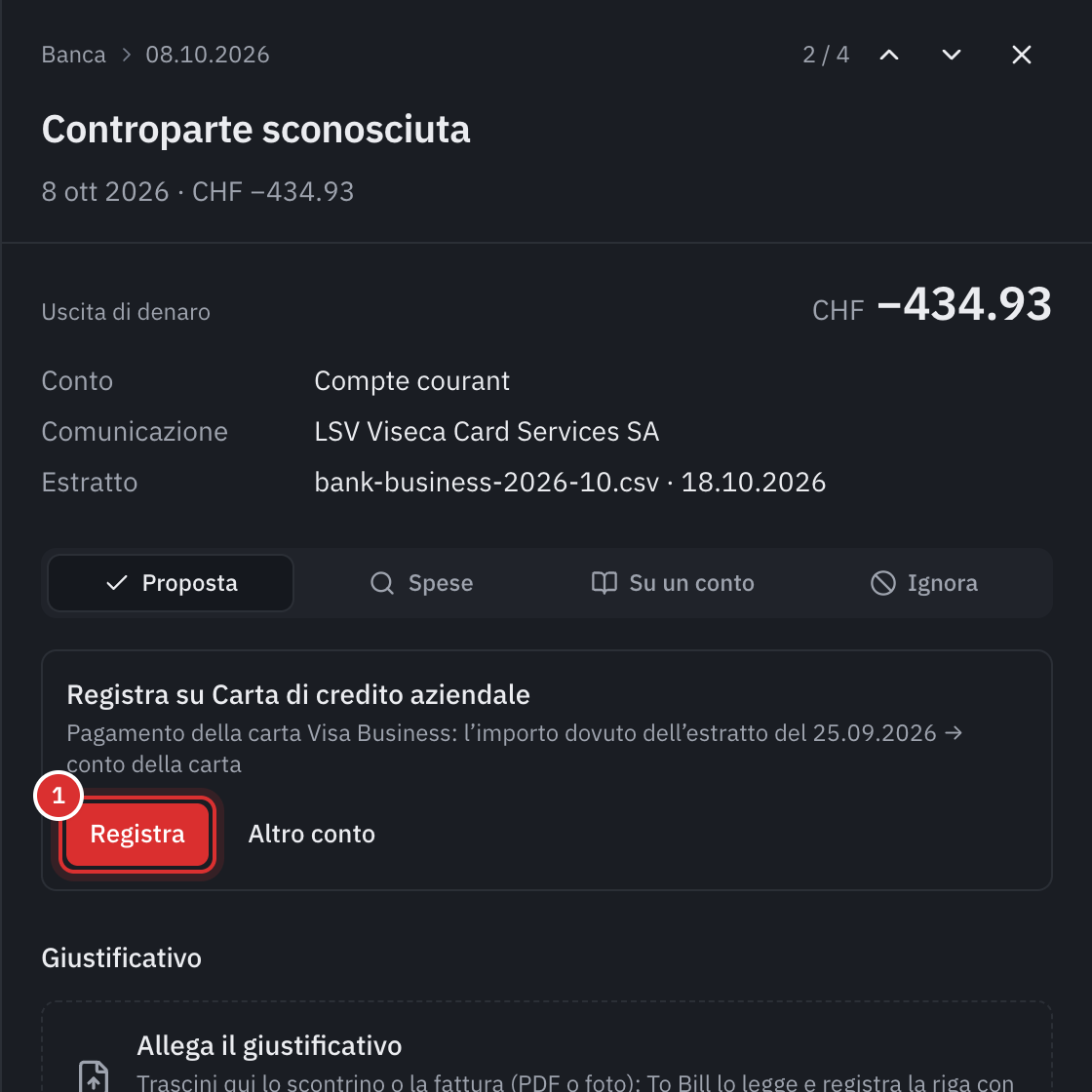 Il pannello di una riga bancaria di 434.93, LSV Viseca Card Services SA: la proposta Registra su Carta di credito aziendale, pagamento della carta Visa Business, l’importo dovuto dell’estratto del 25.09.2026 e il pulsante Registra.